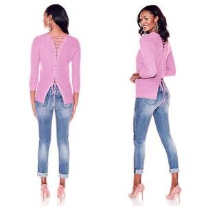 Soho New York & Company Jeans Lace Up Back Sweater 3/4 Sleeve Sz S Light Pink